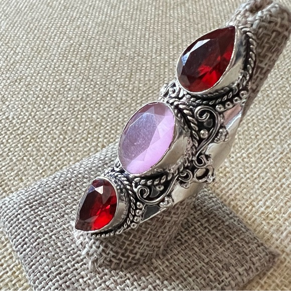 New Pink Cats Eye and Garnet Stone Silver Overlay Ring Size 7.5 - Picture 10 of 10